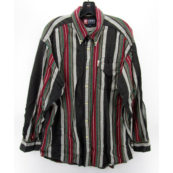 VINTAGE Ralph Lauren Chaps Shirt Large Red Flannel Button Up Striped - Picture 1 of 11